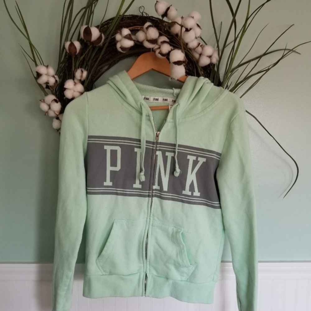 Victorias Secret PINK Mint Green Full Zip Hoodie Sweatshirt Logo Grey Stripe S